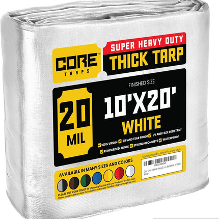 Core Tarps Extreme Heavy Duty 20 Mil Tarp Cover, Waterproof, UV Resistant, Rip and Tear Proof, Poly Tarpaulin with Reinforced Edges for Roof, Patio, Pool, Boat (White 10′ X 20′)
