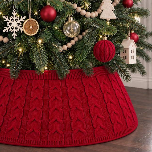 Christmas Tree Knitted Collar Skirt Red for Holiday Home Party Decoration