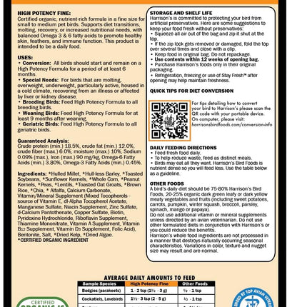 Harrison's Bird Foods High Potency Fine - Certified Organic, Non GMO Formula for Small to Medium Birds - Human Grade Pellets for Molting, Recovering & Weaning Chicks with Balanced Nutrition (1lb)