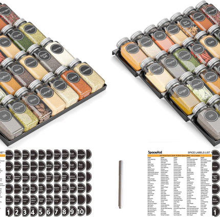 Spice Drawer Organizer with 28 Spice Jars, 386 Spice Labels, 4 Tier Seasoning Rack Tray Insert for Kitchen Drawers, 13" Wide x 17.5" Deep