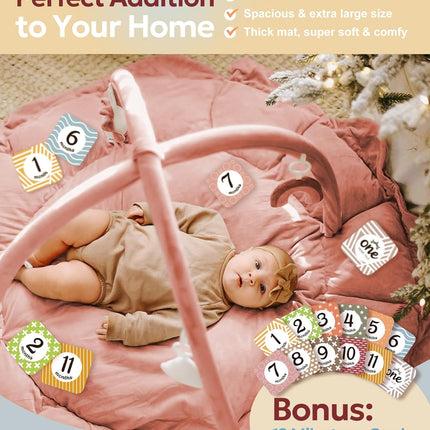 Mallify 5-in-1 Thick Plush Baby Play Gym Mat, Tummy Time Mat with 6 Sensory Toys, Baby Play Mat, Convertible Baby Gym for Stage-Based Development from Babies to Toddlers, Baby Essentials Gift, Pink