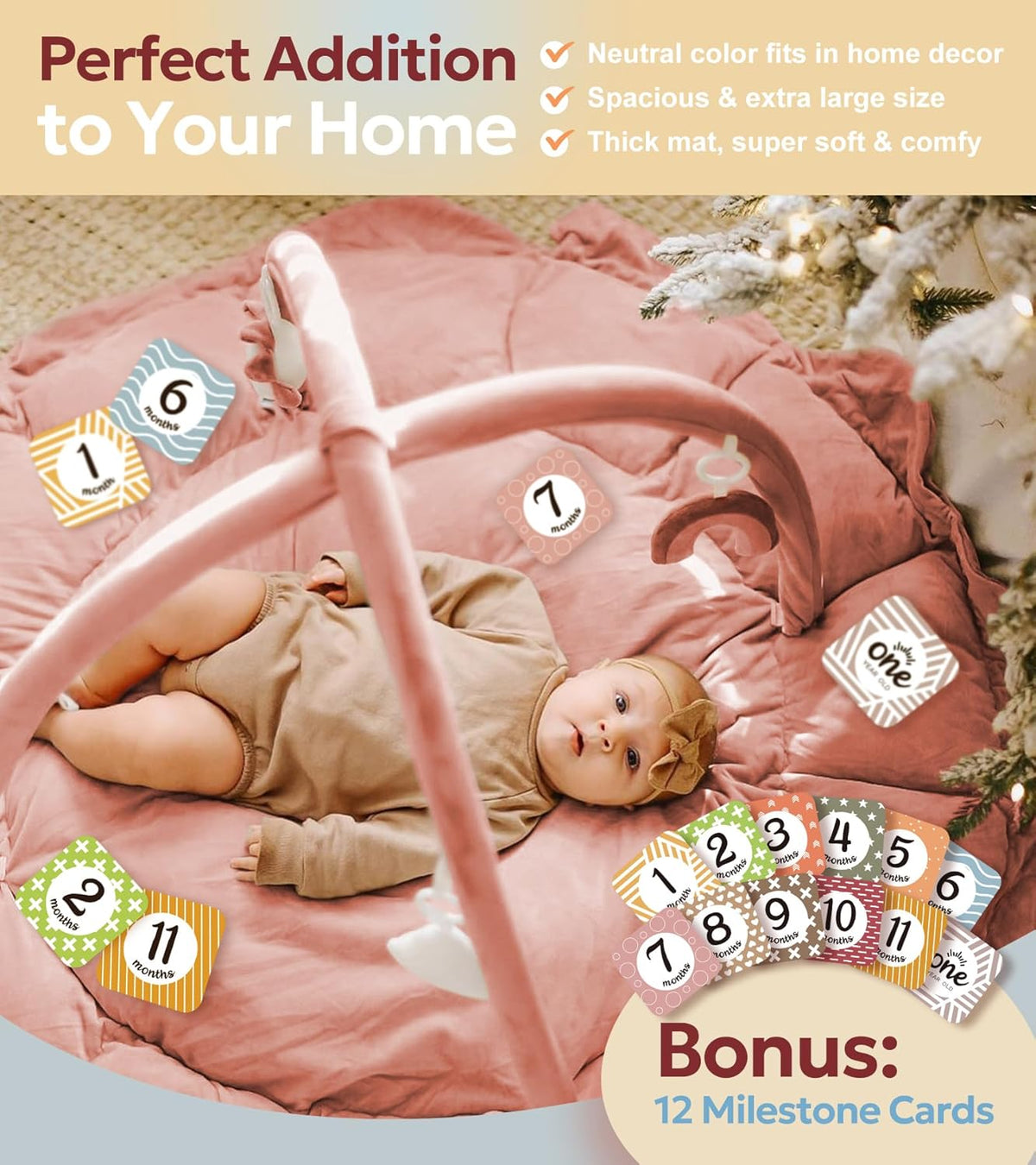 5-in-1 Thick Plush Baby Play Gym Mat with 6 Sensory Toys, Pink - photo 4