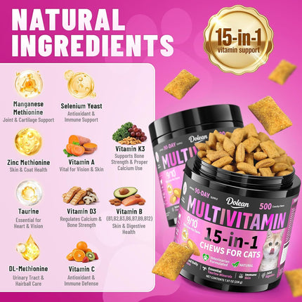 Taurine for Cats Vitamins Treats, 15 in 1 Cat Multivitamin Support Skin, Joint, Digestion & Immune Supplement, 500 Crunchy & Creamy Chews with Essential Vitamins for Cats of All Ages (90-Day Supply)