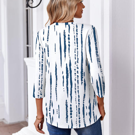 3/4 Length Sleeve Womens Tops V Neck Pleated Boho Floral Blouses