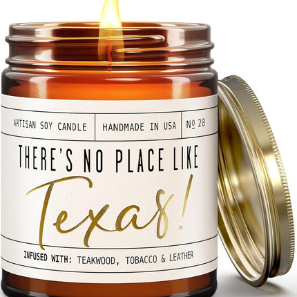Texas Gifts, Texas Decor for Home - 'There's No Place Like Texas Candle, w/Teakwood, Tobacco & Rich Leather I Texas Souvenirs I Texas State Gifts I 9oz Jar, 50Hr Burn, USA Made
