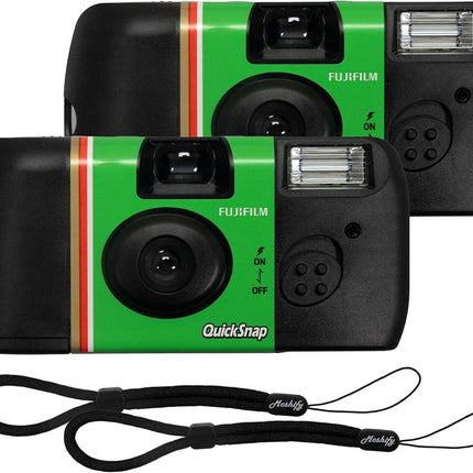 Fujifilm QuickSnap Flash 400 Disposable Camera – 2 Pack 35mm Film Cameras + Moshify Adjustable Wrist Strap – Fuji Disposable Camera Set for Weddings, Parties, Travel, Events