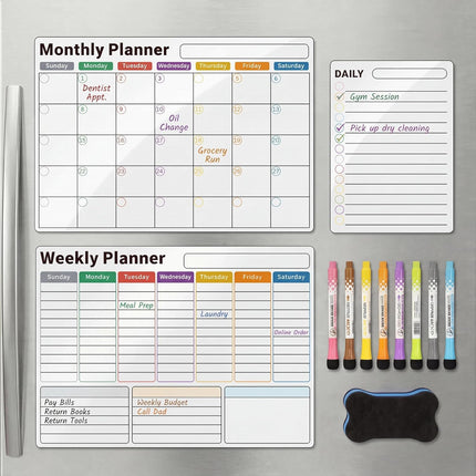 Magnetic Calendar for Refrigerator (3-Pack, Ships Flat) - 17"x12" Monthly, Weekly & Daily Planner with Lined Grids - Nano-Tech Dry Erase Board Fridge Whiteboard, 8 Markers & Eraser