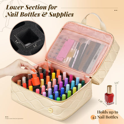 Nail Polish Organizer Case Holds 42+ Bottles (15ml/0.5 fl.oz), 2-Layer Nail Kit Bag with Compartments for Nail Supplies, UV Lamp, Nail Tech Organizers and Storage for Manicure Tools, Beige