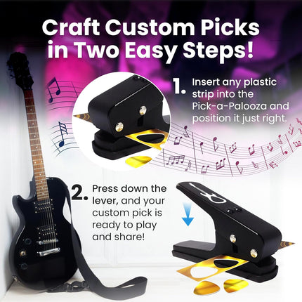 Pick-a-Palooza DIY Guitar Picks Punch Mega Pack - Custom Pick Maker for Musicians - Features Leather Key Chain Holder, Pick Strips with Artwork & File - Unique Gifts for Men & Women - Black Punch
