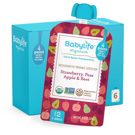 Babylife Organics Stage 2 - Strawberry, Pear, Apple & Beet, 3.5 Ounce Pouch (6 Pack) - Heavy Metal Safe, Organic Baby Food