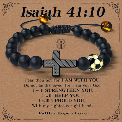 Soccer/Baseball/Basketball/Football Cross Bracelet for Men Boys US Flag Engraved Cross Christian Faith Bracelet Premium for Easter Baptism Birthday in Silver Gift Boxes