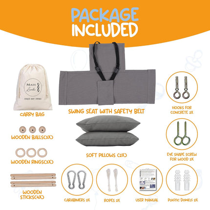 Indoor Outdoor Baby Swing with 3-Point Harness and Hardware for Ceiling, Porch, Doorway, Canvas Toddler Swing Seat Dark Gray