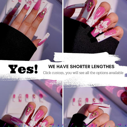 HAND-PAINTED Purple False Nails Set Coffin Press on Nails Pressons Kit Medium Length Stick on Nails Shoot Nail Art Short Nails with Nail Glue on Nails Square, Long Almond Nail (TJ45, Custom)