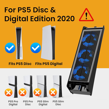 Cooling Fan for PS5 Accessories, KIWIHOME Upgraded Quiet Cooler Fan with Auto Speed, Controller USB3.0 Port & LED for PS5 2020 Only, Not for PlayStation 5 Slim/Pro, Black
