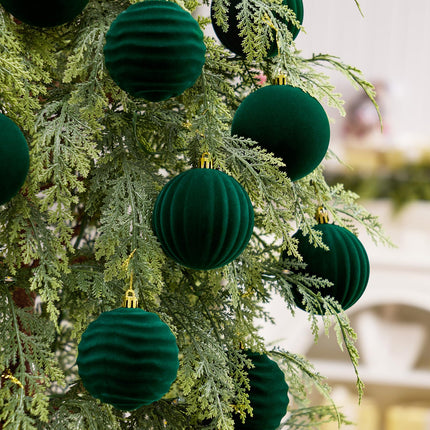 Christmas Balls, 16 Dark Green Flocked Ornaments for Tree Decor