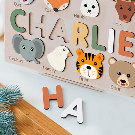 Zuzu Puzzle Personalized Name Puzzle for Toddlers 1-3 with Animals, Handmade Learning Toy, CPC Certified, Keepsake Nursery Decor, for 1st Birthday