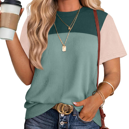 Womens Fashion 2026 Color Block Shirts Short Sleeve Knitted Summer Fall Tops Casual Trendy