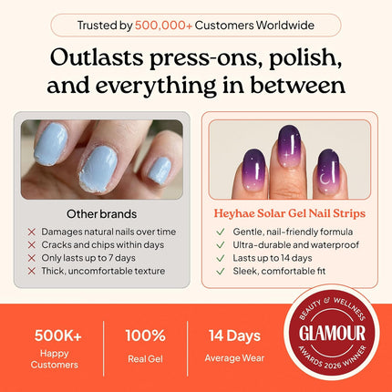 Heyhae Semi Cured Gel Nail Strips | No LED Lamp Needed |Purple, Ombre | Easy Apply & Remove, Salon Quality | Includes 28 Strips, 2 Prep Pads, Nail File & Wooden stick - Hey, Born to Shine