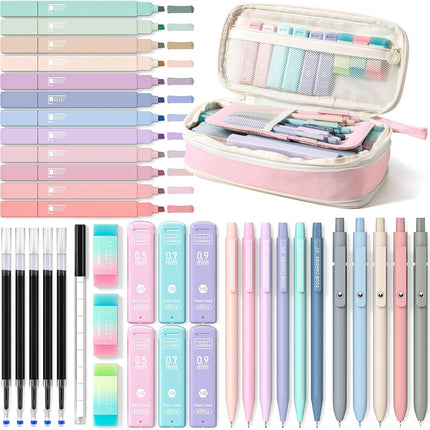 Four Candies 39 PCS Aesthetic School Supplies with Cute Pen Case, 12 Pastel Highlighters, 5 Black Ink Gel Pens, 6 Mechanical Pencils Set for Students Stationary College Essentials (Pink)