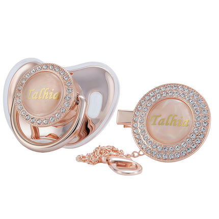Custom Any Name Can Make Personalized Bling Pacifier and Pacifier Clip Set (Rose Gold)