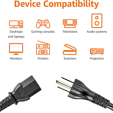 Amazon Basics PC Power Cord, 3 Feet, 3 Prong AC Power Cord for Monitor, Computer, TV, 18 AWG, 125 Volts, Black