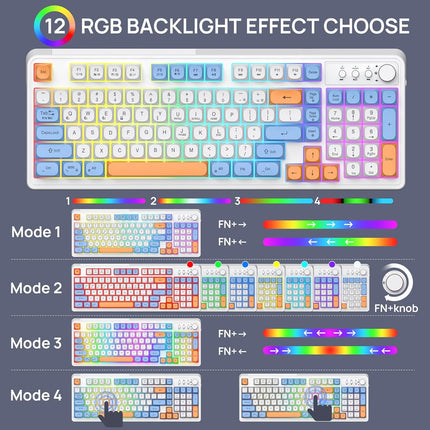 KOLMAX BT98 Wireless Keyboard and Mouse Combo,Triple Mode 2.4G/Wired/Bluetooth Gaming Keyboard and Mouse,Rechargeable Ergonomic RGB Backlit Light Up Keyboard Mouse with Knob for WinPC/Mac/Tablet White