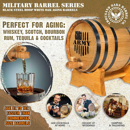 US Army 1 Liter Oak Aging Barrel Dispenser w/Wood Stand, Bung & Spigot - Memorial Day Military Veteran Gifts, 1L Charred Mini Bourbon Whiskey Barrels for The Home Distiller, Moonshiner