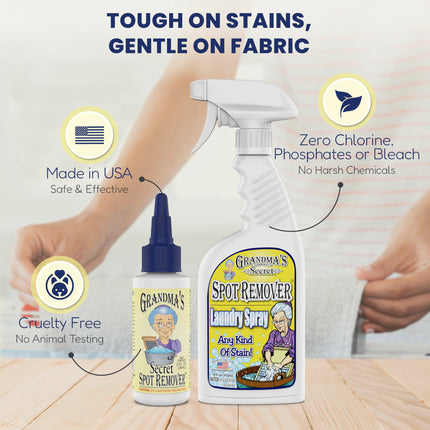 Spray quitamanchas para ropa - sin cloro, blanqueador ni toxinas - removedor de manchas de tela elimina aceite, pintura, sangre y manchas de mascotas - combo de 16 oz y 2 oz, DuoPack