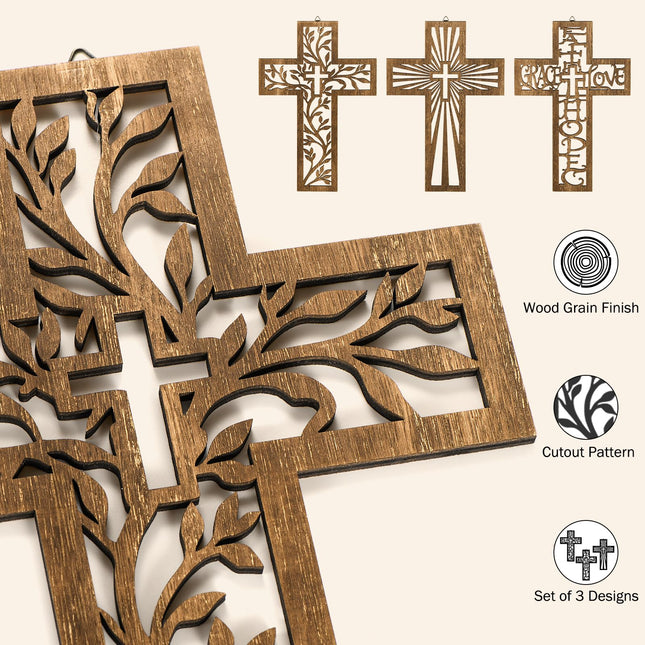 3 Pcs Wooden Cross Wall Decor, 12 Inch Wall Crosses for Christian Home