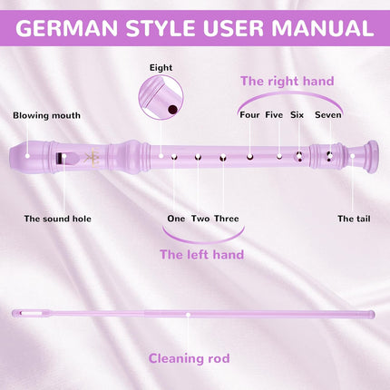 Soprano Recorder 8-Hole Instrument for Kids Beginners, German Style C Key Kids Flute with Cleaning Rod & Case Bag for School Education Home Entertainment - Pink