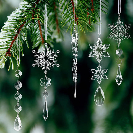 Crystal Christmas Tree Ornaments, Clear Acrylic Snowflake & Icicle, 18pcs