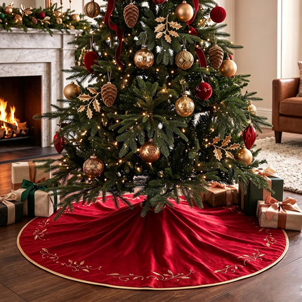 Christmas Tree Skirt, 48 inches Red Velvet Plush Fur Skirts with Gold Embroidered Holly Leaf for Rustic Xmas Tree Holiday Decorations