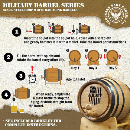US Army 1 Liter Oak Aging Barrel Dispenser w/Wood Stand, Bung & Spigot - Memorial Day Military Veteran Gifts, 1L Charred Mini Bourbon Whiskey Barrels for The Home Distiller, Moonshiner
