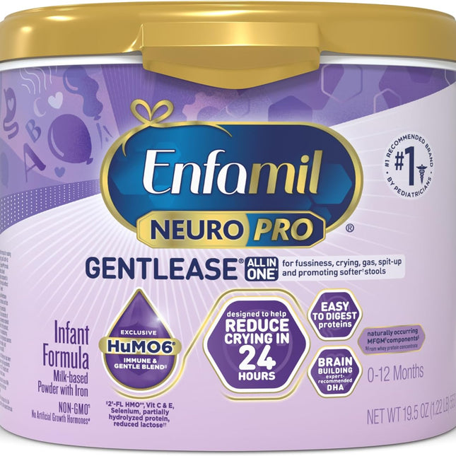 Enfamil NeuroPro Gentlease for easing Fussiness, Crying, Gas, Spit-up in 24 Hrs, Smaller Proteins for Easy Digestion, Brain Supporting DHA, Prebiotic Blend, HuMO6*, Baby Formula, Reusable Tub, 19.5 Oz