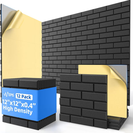SourcetoHome 12 Pack Acoustic Panels with Self Adhesive, 12" X 12" X 0.4" High Density Sound Proof Foam Panels for Walls, Soundproof Wall Panels, Brick Sound Absorbing Panels for Home Studio Office Decor - Black - General - front view