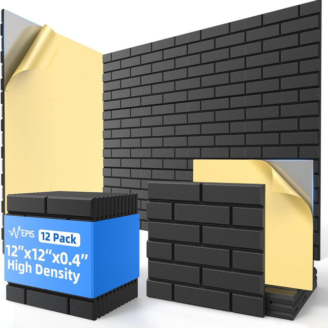 SourcetoHome 12 Pack Acoustic Panels with Self Adhesive, 12" X 12" X 0.4" High Density Sound Proof Foam Panels for Walls, Soundproof Wall Panels, Brick Sound Absorbing Panels for Home Studio Office Decor - Black - General - front view