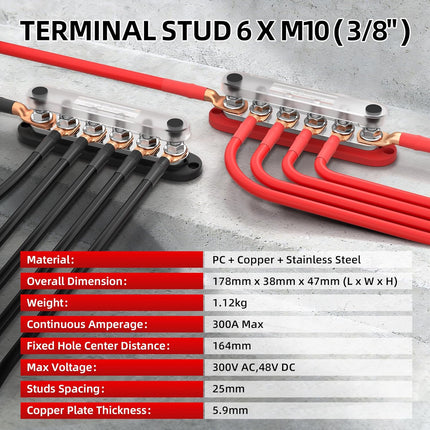 300A 12V Bus Bar with 6 x 3/8" (M10) Studs & Cover, Power Distribution Block for Marine Boat Solar RV, 12 Volt Bus Bar Terminal Block Kit with 4 AWG 1/0 & 8 AWG 2/0 Copper Lugs