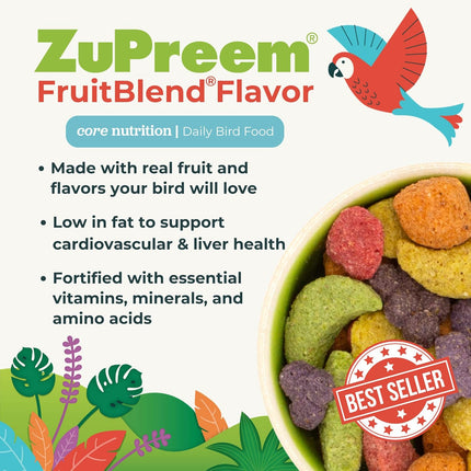 ZuPreem FruitBlend Bird Pellets, Daily Bird Food for Amazon, Cockatoo, Macaw, Core Nutrition for Large Birds, Made in USA, Pellets for Large Birds, Macaw Food (L, 3.5 lbs)
