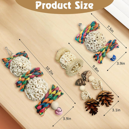 BNOSDM Hanging Bird Toy Sola Balls 3PCS Parrot Shredder Balls Natural Parakeet Foraging Toy Wood Bird Cage Chew Toys for Cockatiel, Budgie, Sun Conure, Quakers, Lovebirds (B)