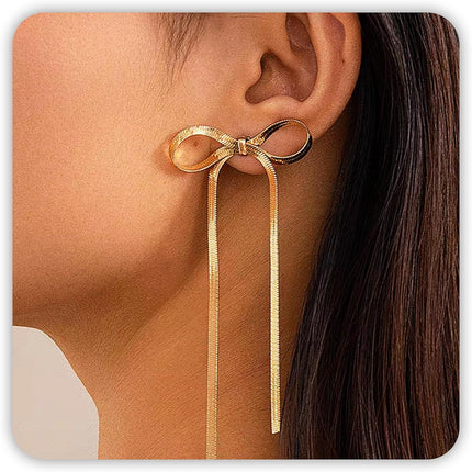 DAYANEY Silver Gold Prom Earrings for Women, Bow Dangle Long Earring Rhinestone Ribbon Chain Prom Jewelry for Women Trendy, Bow Earrings Statement Dainty Earring as Wedding Bridesmaid Formal Jewelry
