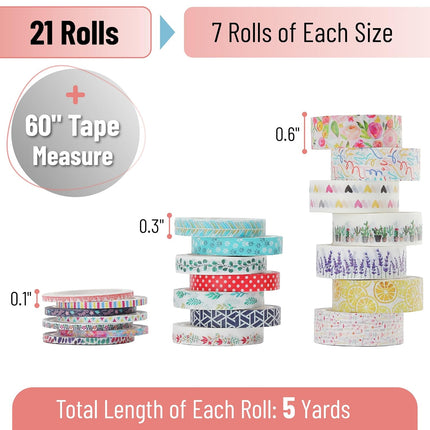 Mr. Pen- Washi Tape Set, 21 Rolls, Assorted Sizes, Floral, 5 Yards/Roll, Washi Tape for Scrapbook, Arts, Crafts, Journals and Planners