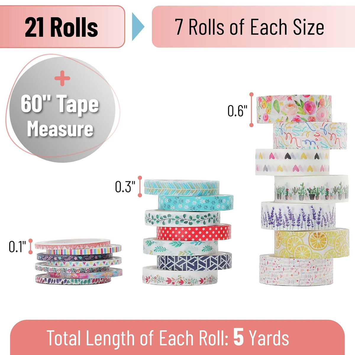 Floral Washi Tape Set, 21 Rolls, Assorted Sizes - photo 2
