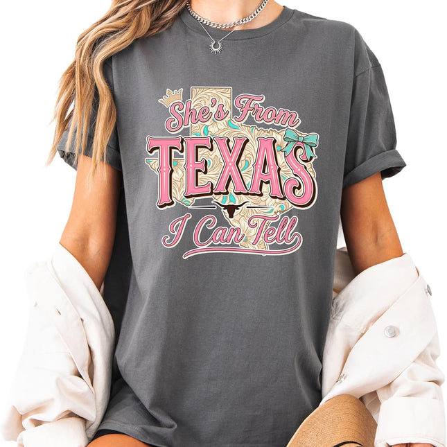 SourceToHome FuenteACasa She's from Texas I Can Tell Graphic Tee, Western Cowgirl Style T-Shirt — Home & Lifestyle