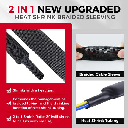 2:1 Ratio Automotive Heat Shrink Braided Sleeve, Cord Protector, Wear-Resistant Fabric Flat Woven Shrinkable Tubing Wires Hoses Protection (3/8"-15ft)