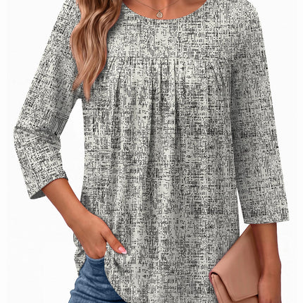 Womens 3/4 Length Sleeve Tops Boho Blouses Casual Pleated Shirts