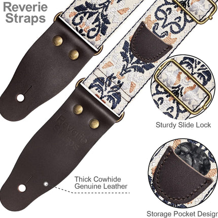 Jacquard Embroidered Guitar Strap, Genuine Cowhide Leather Ends, Adjustable for Bass Electric Acoustic