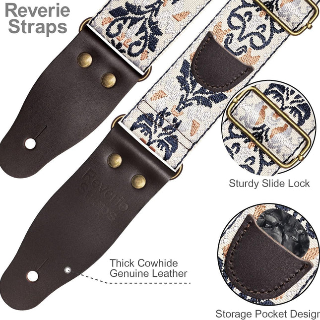 Jacquard Embroidered Guitar Strap, Genuine Cowhide Leather Ends