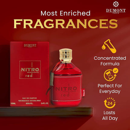 Dumont Nitro Red 3.4 Fl Oz Eau De Parfum for Men – Rich Fruity Woody Floral Fragrance – Luxurious Long Lasting Scent