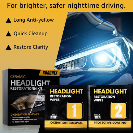 Headlight Restoration Kit, Ceramic Headlight Cleaner and Restorer Kit 2-Step Wipes, Removes Yellowing, Oxidation & Cloudiness, Restores Clarity Brings Headlights Back to Like New Condition,（1Pcs）