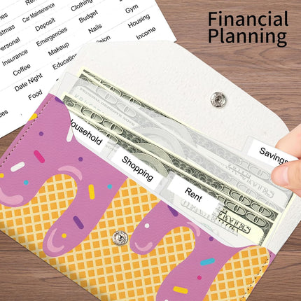 PU Leather Cash Envelopes Wallet, Reusable Money Savin Wallet, Cute Budget Envelope with 4 Dividers & 1 Sheets Budget Labels Pink Ice Cream Drip